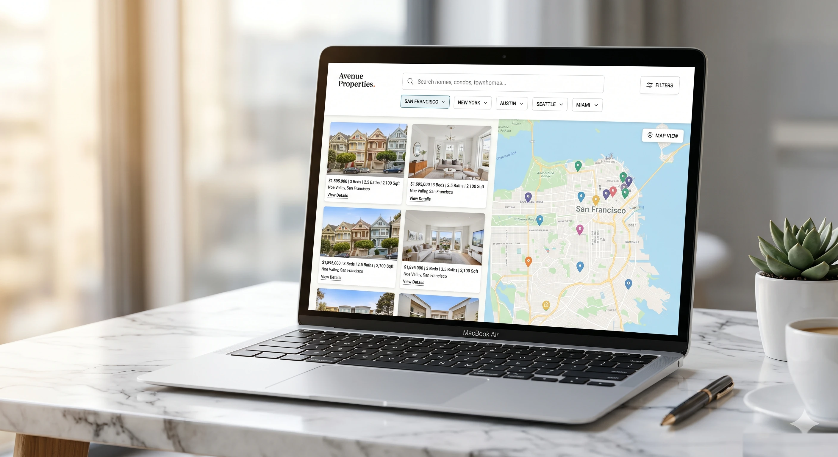 Real estate agent website with property listings on a MacBook — FactoryJet real estate website design